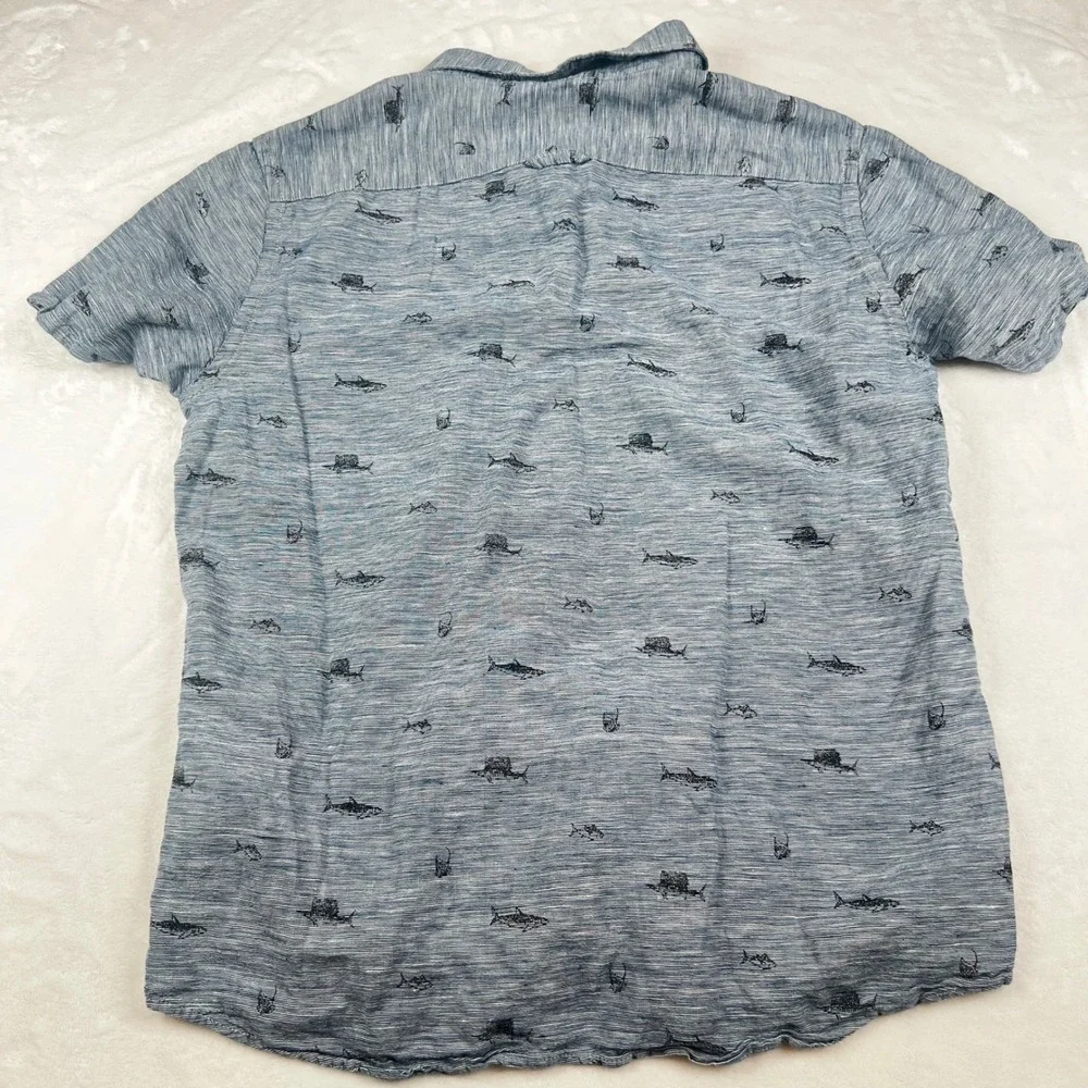 Banana Republic Mens Slim Fit Linen Shark Sailfish Print Shirt Blue Large 547